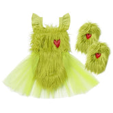 Green Grinch Baby Girl Costume , Faux Fur Tulle Tutu Romper Dress And Leg Warmers Socks.